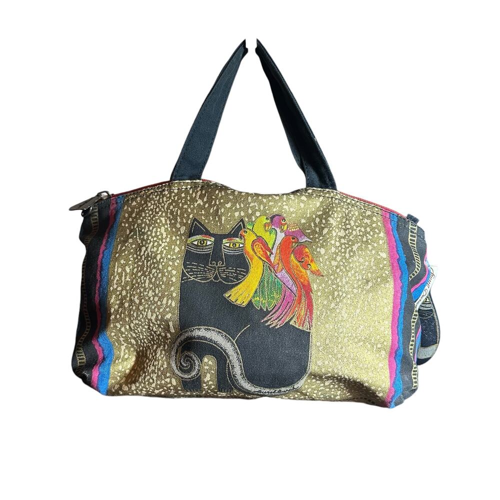 Laurel Burch Cat purse, small tote top handle, cat pull & charm gold and blue